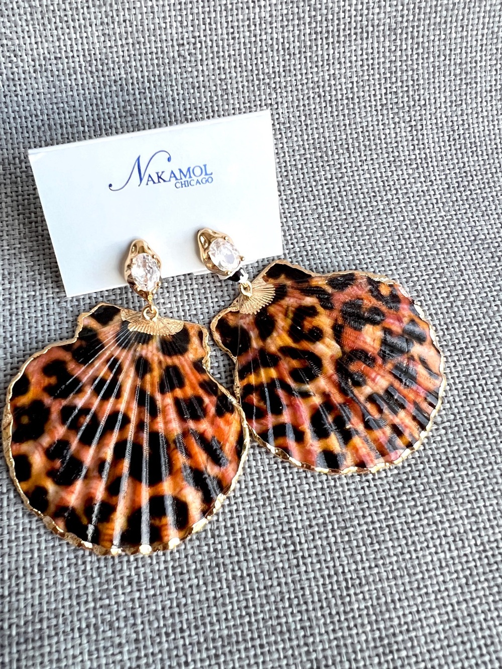 Nakamol Chicago Genuine Shell Leopard print drop earrings with crystals Gold
